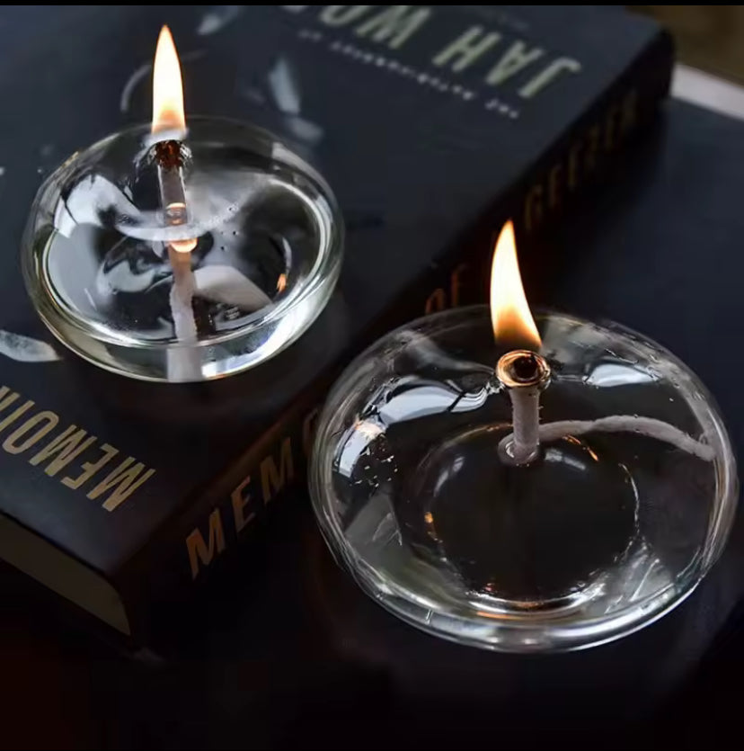 Handcrafted Flat Transparent Glass Candle Holder Oil Lamp,With a light core,Can be used as table candles,Christmas home decor at