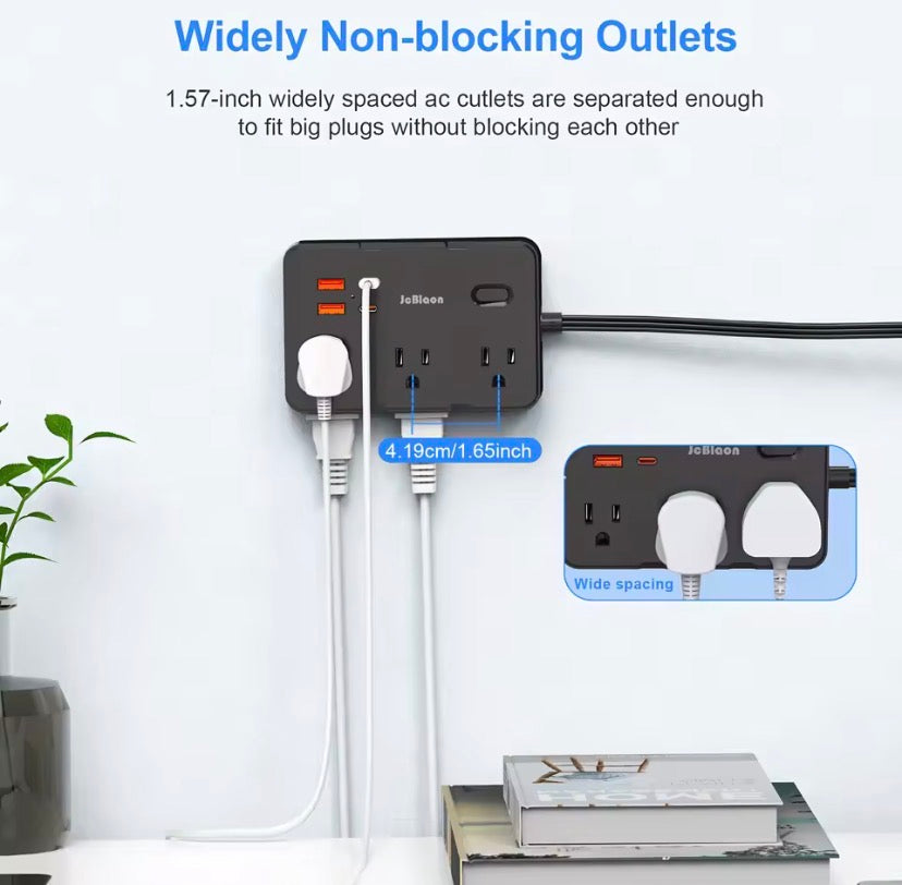 Ultra Thin Flat Plug Extension Cord with 4 USB Ports(2 USB C), 5ft Surge Protector Power Strip, 6 Widely Outlets Extender long plug cable