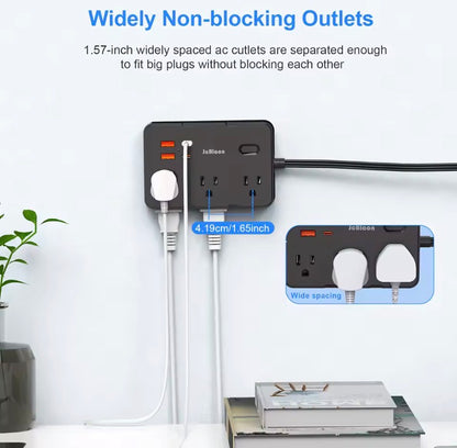 Ultra Thin Flat Plug Extension Cord with 4 USB Ports(2 USB C), 5ft Surge Protector Power Strip, 6 Widely Outlets Extender long plug cable