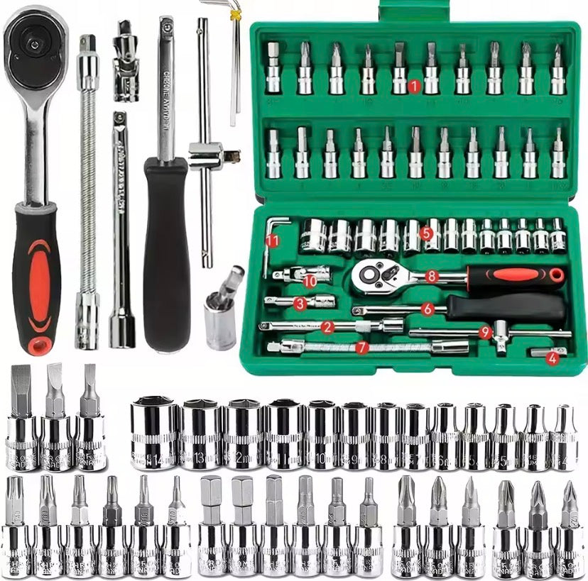 46Pcs Family Tools 1/4 Set Mechanic Tool Kits for Auto Repair Hous with Sockets Metric Hex Bit Socket Set inch Ratchet Wrench