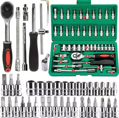 46Pcs Family Tools 1/4 Set Mechanic Tool Kits for Auto Repair Hous with Sockets Metric Hex Bit Socket Set inch Ratchet Wrench