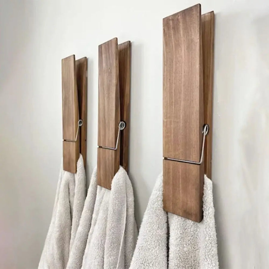 Wall-mounted towel clip - No drilling - Modern wood design - Strong adhesive surface