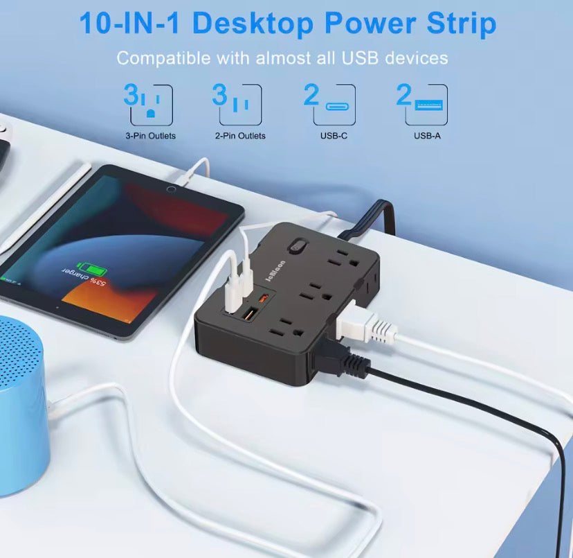 Ultra Thin Flat Plug Extension Cord with 4 USB Ports(2 USB C), 5ft Surge Protector Power Strip, 6 Widely Outlets Extender long plug cable