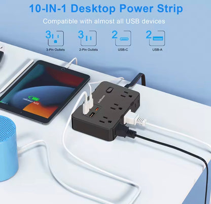 Ultra Thin Flat Plug Extension Cord with 4 USB Ports(2 USB C), 5ft Surge Protector Power Strip, 6 Widely Outlets Extender long plug cable