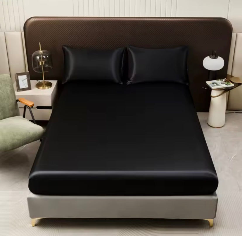 1Pc Satin Fitted Sheet Solid Colour Twin Full Queen Ice Silk Mattress Cover Natural With Elastic Band Bed Sheet (No Pillowcase