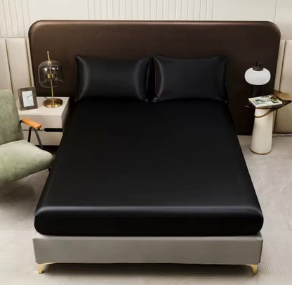 1Pc Satin Fitted Sheet Solid Colour Twin Full Queen Ice Silk Mattress Cover Natural With Elastic Band Bed Sheet (No Pillowcase