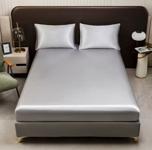 1Pc Satin Fitted Sheet Solid Colour Twin Full Queen Ice Silk Mattress Cover Natural With Elastic Band Bed Sheet (No Pillowcase