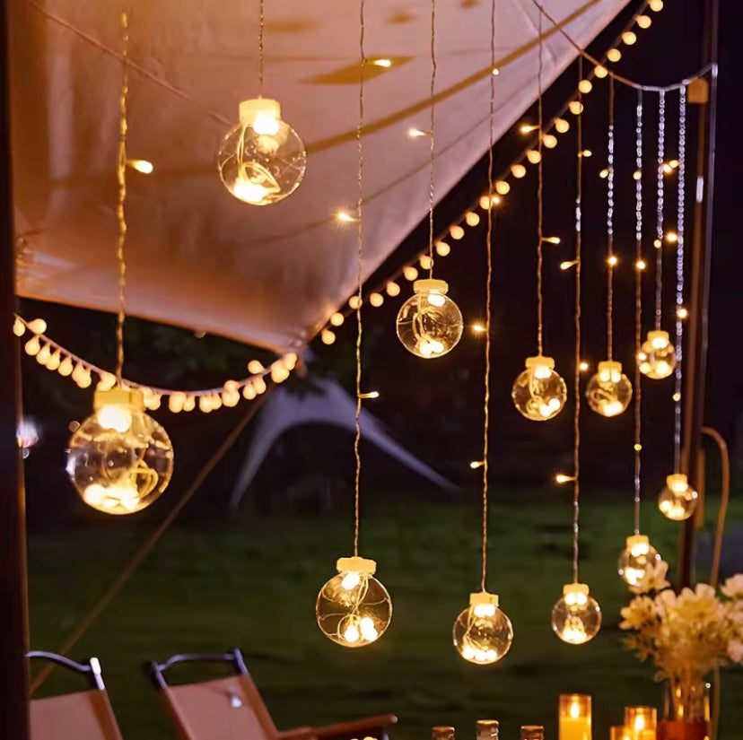 Solar Curtain Light 12 Dorps Solar Fence String Lights Remote Dimmable Twinkle Globe Fairy Light for Garden Yard Porch Christmas