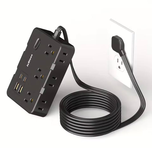 Ultra Thin Flat Plug Extension Cord with 4 USB Ports(2 USB C), 5ft Surge Protector Power Strip, 6 Widely Outlets Extender long plug cable
