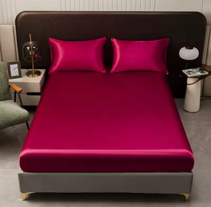 1Pc Satin Fitted Sheet Solid Colour Twin Full Queen Ice Silk Mattress Cover Natural With Elastic Band Bed Sheet (No Pillowcase
