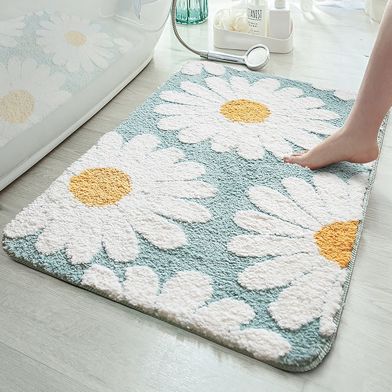 Feblilac Sweet Daisy Bath Mat, Purple Flower Carpet Bathroom