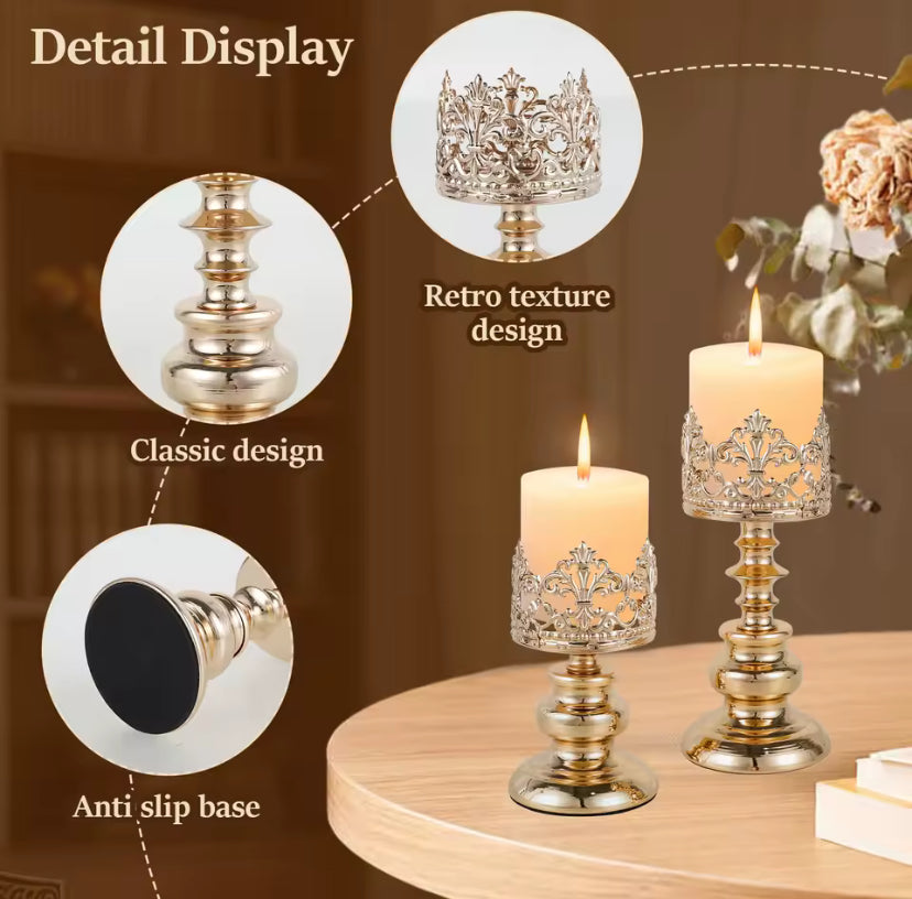 2Pcs Retro Candle Holder Europe Wedding Iron Candle Holder with Openwork Pattern Decoration Candle Holder for Home Restaurants