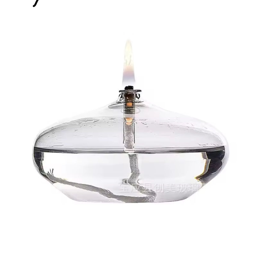 Handcrafted Flat Transparent Glass Candle Holder Oil Lamp，With a light core，Can be used as table candles，Christmas home decor at