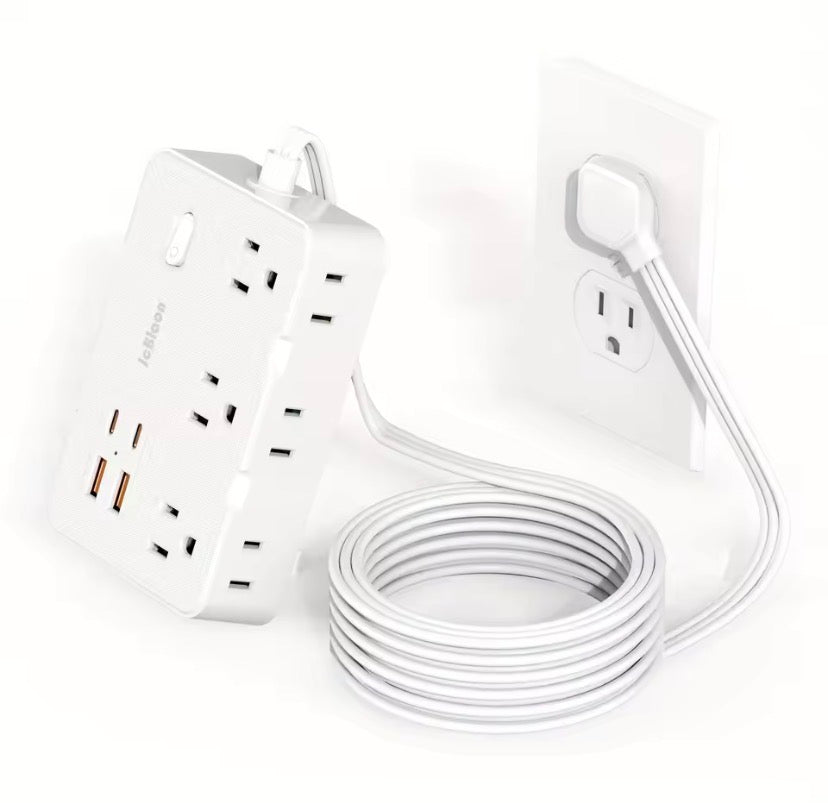 Ultra Thin Flat Plug Extension Cord with 4 USB Ports(2 USB C), 5ft Surge Protector Power Strip, 6 Widely Outlets Extender long plug cable