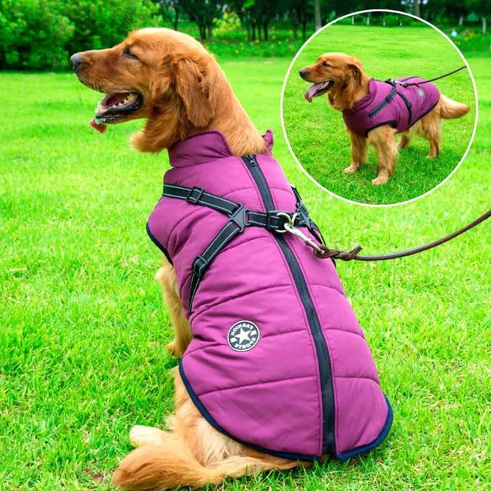 Waterproof Winter Dog Jacket - Sherpa-Fleece Lined - Built-in
Harness