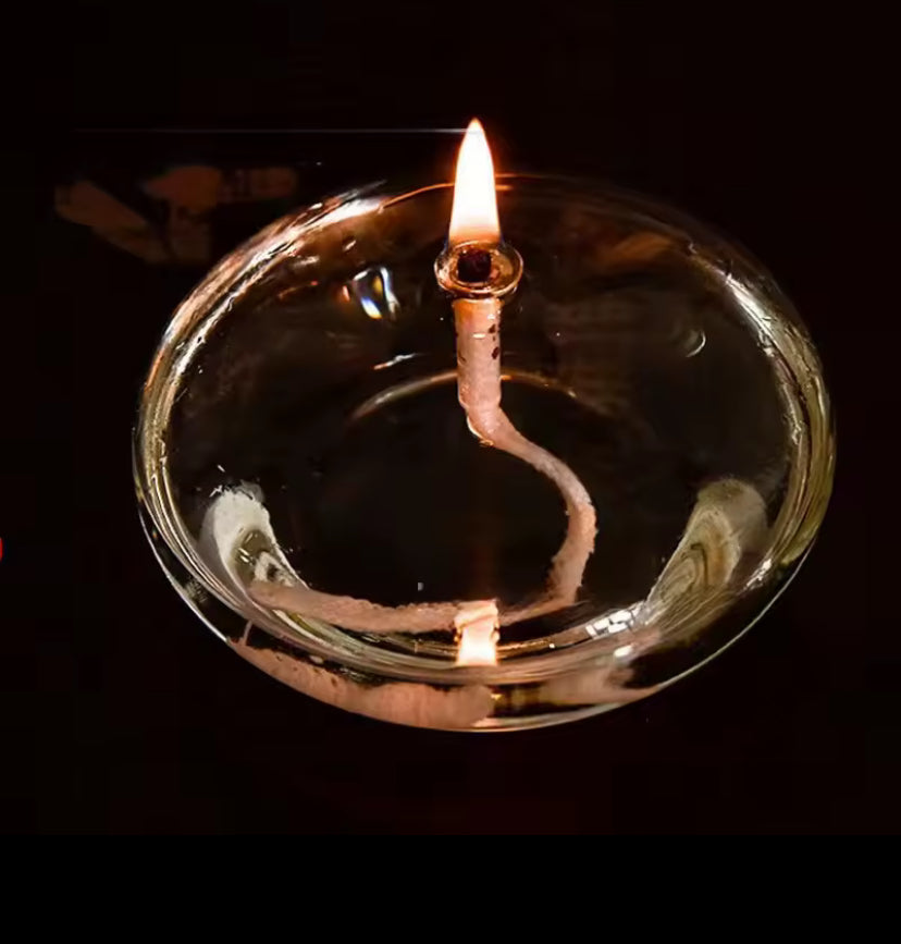 Handcrafted Flat Transparent Glass Candle Holder Oil Lamp，With a light core，Can be used as table candles，Christmas home decor at